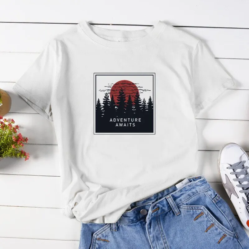 

Women T Shirt Summer Cotton 5XL Versatile Short Sleeve Oversized Woods Print Casual Harajuku Woman Tshirts Tops Graphic Tees