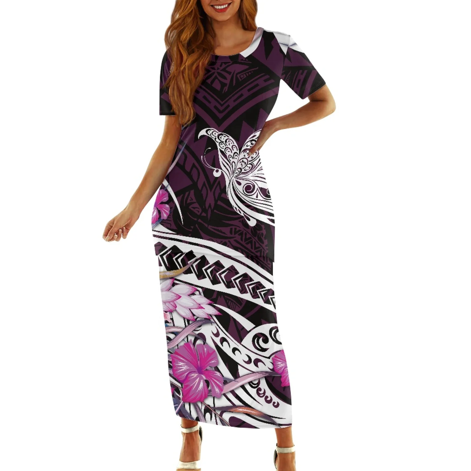

Polynesian Tribal Tongan Totem Tattoo Tonga Prints Round Neck Slim Party Dresses Summer Female A-Line Beach Casual Wear Dresses