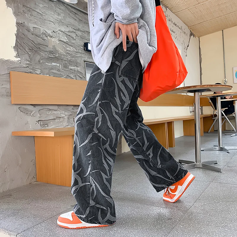 New Y2K Men's Printed Denim Pants Straight Casual Jeans Fashion Streetwear Japan Style Retro Drawstring Mopping Trousers Casual
