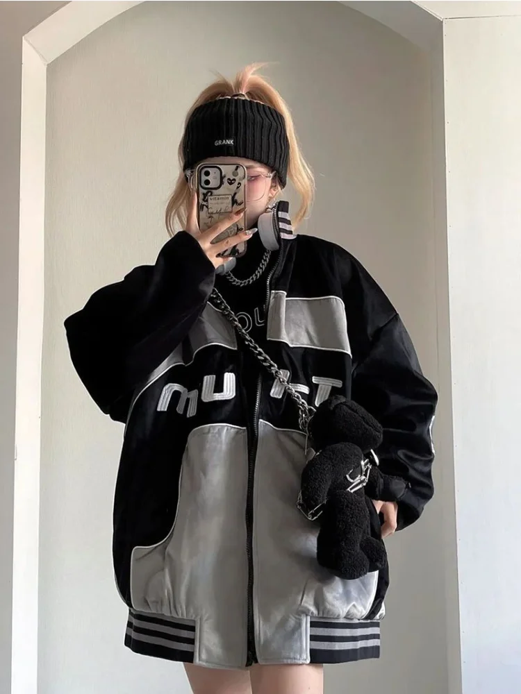 HOUZHOU Y2K Cyber Punk Black Baseball Jacket Women Hip Hop Techwear Japanese Patchwork Winter Jackets Harajuku Edgy Style Coat