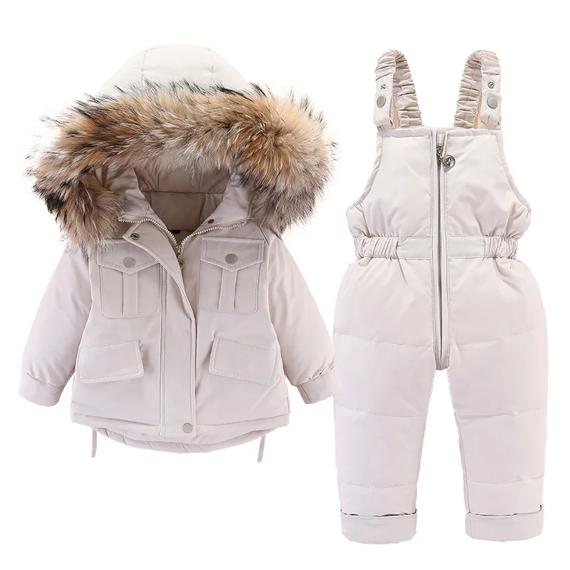 Baby Boys and Girls Winter Down Jacket and Jumpsuit 2pcs Set Children Thicken Warm Fur Collar Jacket for Infant Snowsuit, #7057