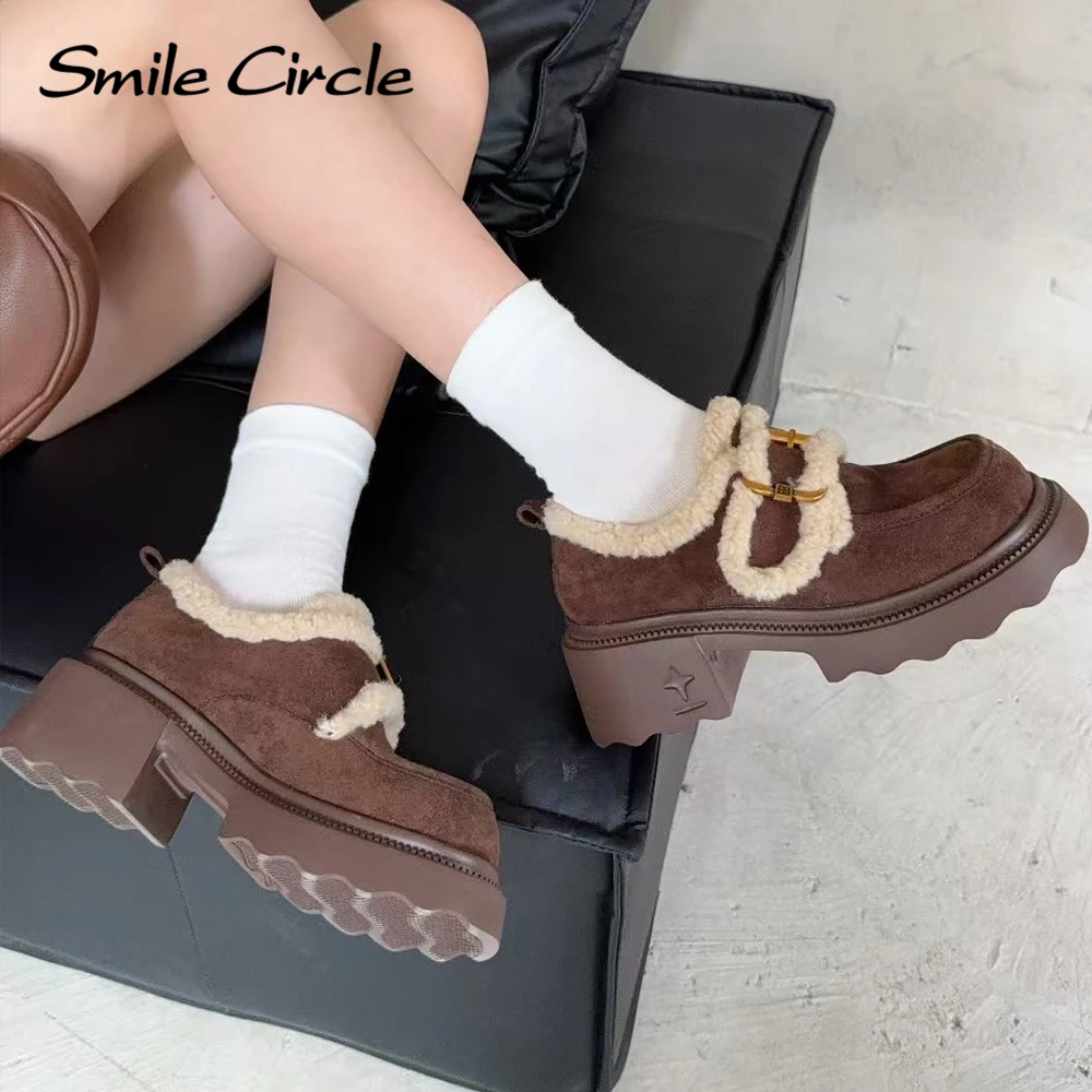 Фото Женская повседневная обувь Smile Circle, зимние замшевые кожаные туфли на каблуке, модные теплые туфли на массивном меху №1