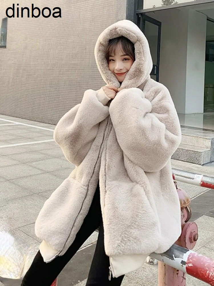 

Winter Coat for Women Loose Zipper Faux Fur Coat Women's Winter Jacket Thicken Keep Warm Hooded Oversized Jacket Rabbit Fur Coat