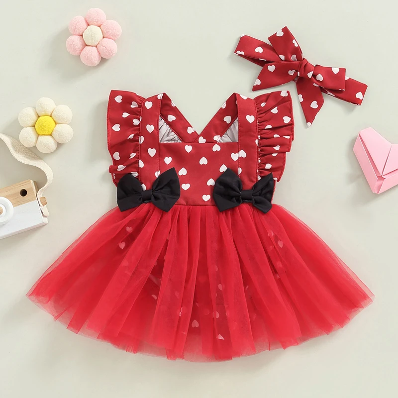 

New Fashion Baby Girls Mesh Romper Dress Summer Heart Print Ruffled Fly Sleeve Jumpsuits And Headband Set For Toddler 0-18 M