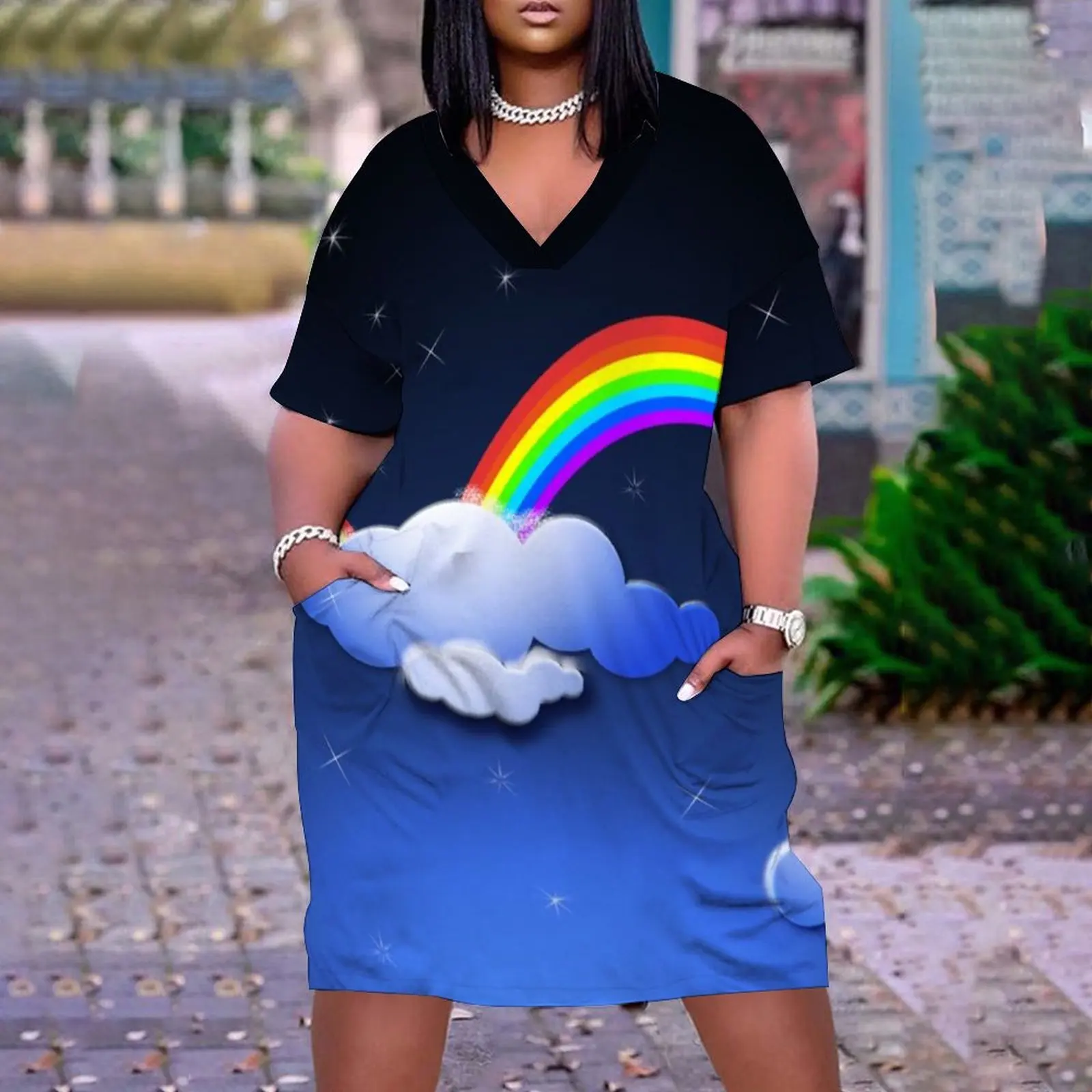 

Новинка 2023, женское платье в мексиканском стиле с 3D цифровой печатью, женское платье с коротким рукавом и забавным радужным рисунком, женское платье Y2K