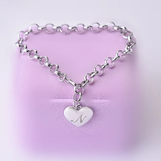 

925 Sterling silver Fine 26 Letter women men chain Bracelet Charm Heart Cute wedding Personality Jewelry lady gift party 20cm