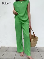 bclout summer green pleated pants set womens 2 pieces outfits elegant o neck sleeveless top elastic waist pants suits woman 2022
