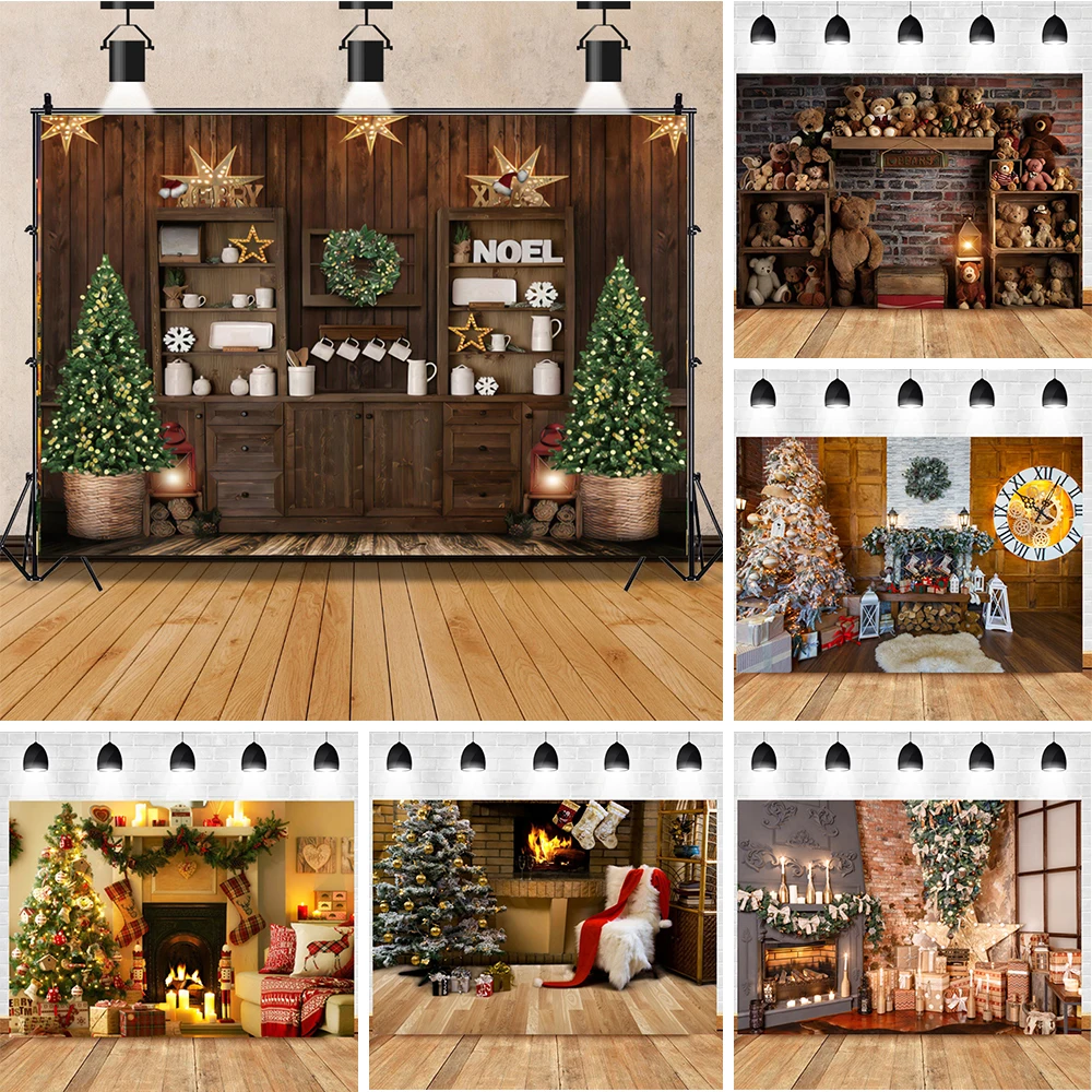 

Merry Christmas Backdrops For Photographers Old Brick Wall Teddy Bear Wood Shelf Lantern Poster Photography Background