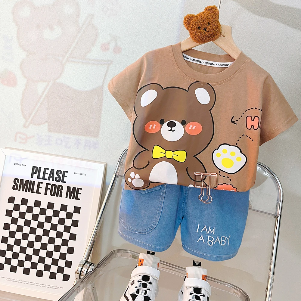 

Детский летний комплект из футболки и шортов, с мультяшным медведем