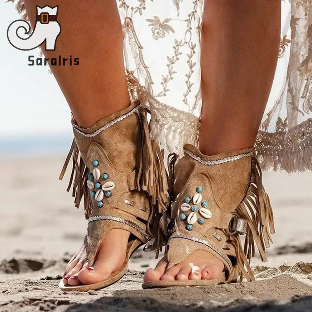 Hot Fashion Western Vintage 2023 Summer Ethic Embroidery Sandals Boot For Women Faux Suede Buckle Fringe Boot Walking Comfy
