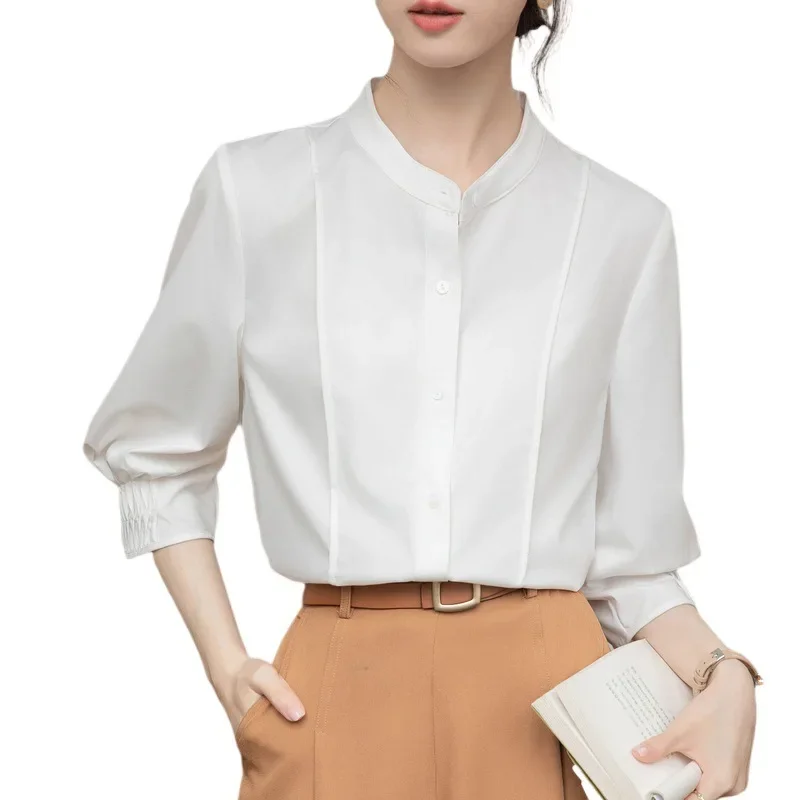 Элегантная женская рубашка с воротником-стойкой и рукавами семь половин элитный