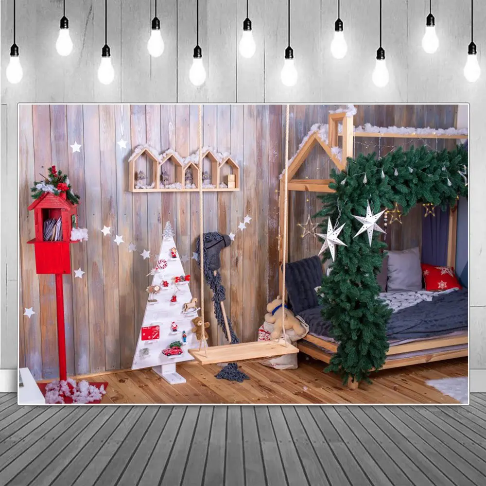 

Christmas Wooden Cabin Interior Photography Backdrops Kids Toys Tree Swing Stars Lights Bedroom Decoration Home Photo Background