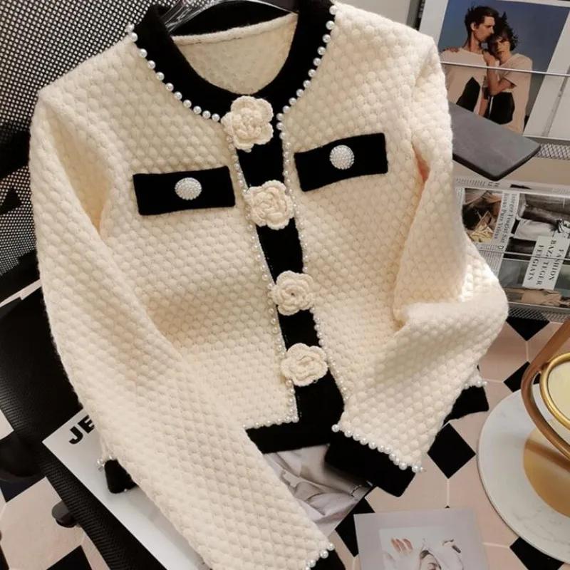 Small Fragrance Fashion Beaded Contrast Color Three-Dimensional Flower Knitted Cardigan Jacket Women Autumn Sweater q294