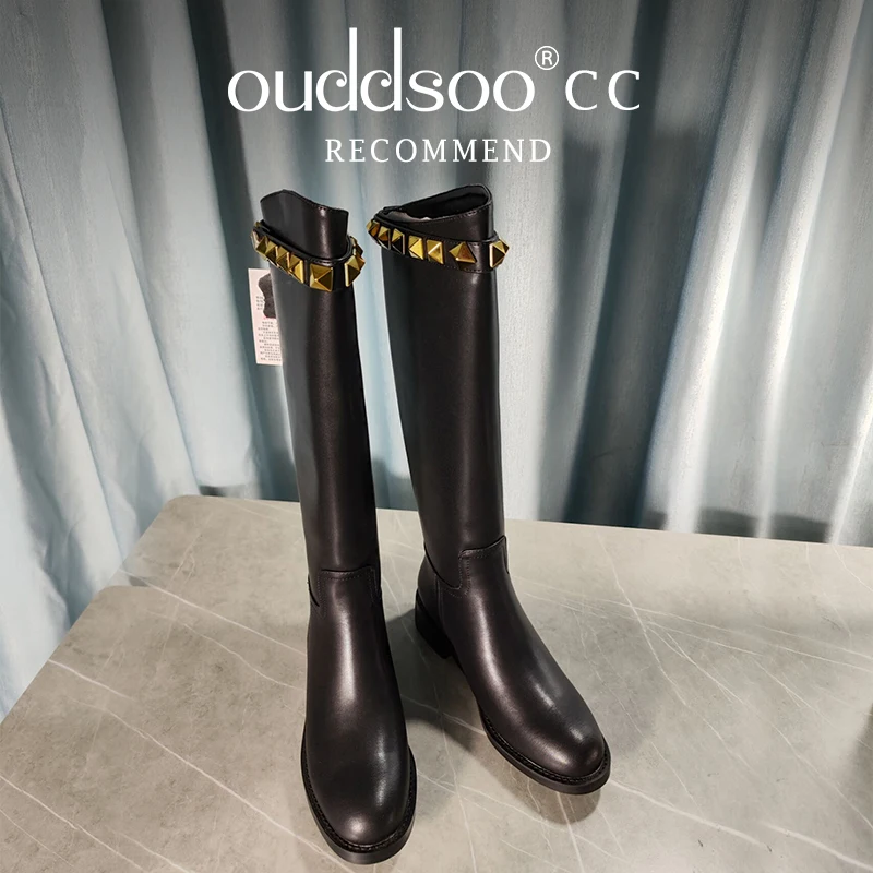 ODS Women Fall New Stud Black Leather Flat Knee High Boots Round Toe Rivets Solid Color Tall Luxury Designer Shoes Winter 414346