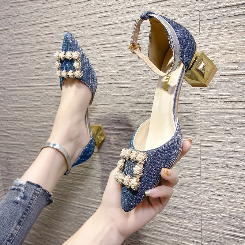 

Mid Heeled Sandals Women 2022 New Diamond Sandals Pointed Thin Heeled Baotou Sandals Banquet High Heeled Shoes Womens Shoes