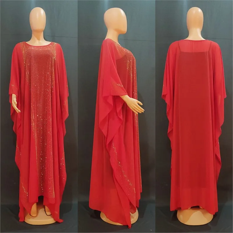Abaya Muslim Loose Hot Diamond Chiffon Long Dress Ankara Robes Dashiki Party African Dresses For Women Two Piece Muslim Set Fall