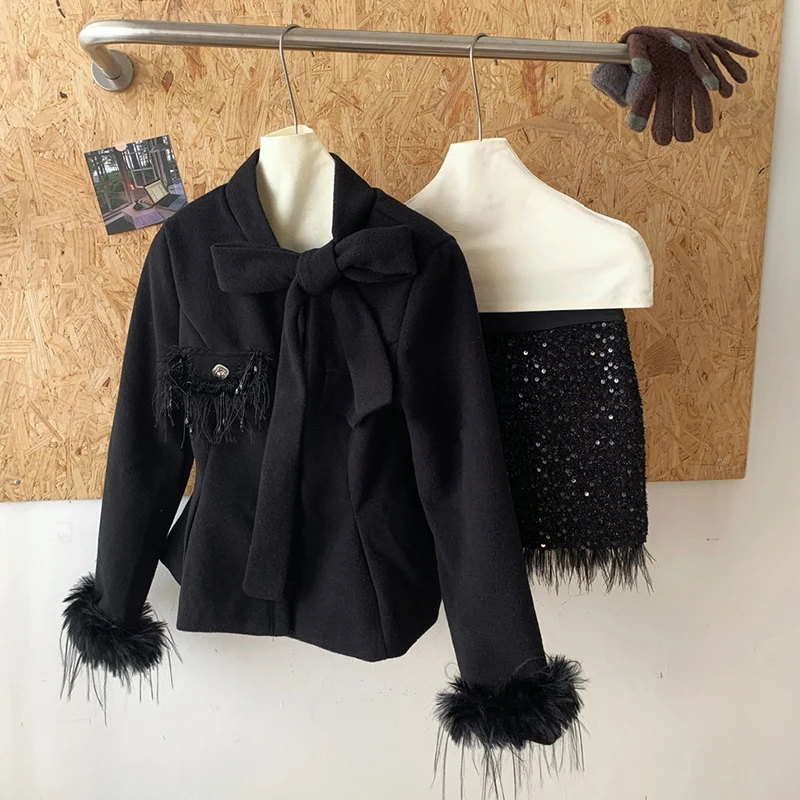 LUZHEN дизайн с перьями однотонный тонкий пиджак пальто 2024 осень-зима мини-юбка