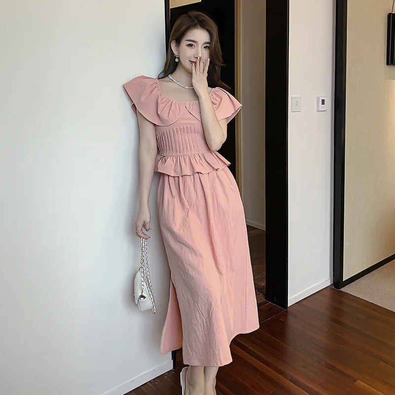 

Summer Women French Retro Two Piece Set Pink Square Neck Flying Sleeve Ruffle Top + Elegant Skirt Suit Cotton Linen 2 Piece Set