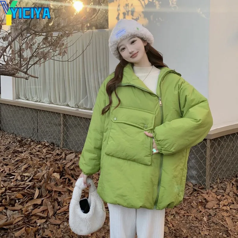 YICIYA Winter Thicken Warm Medium Long Chic Parkas Women Casual Sweety Solid Color Big Pocket Zipper Loose Coats Jackets Outwear