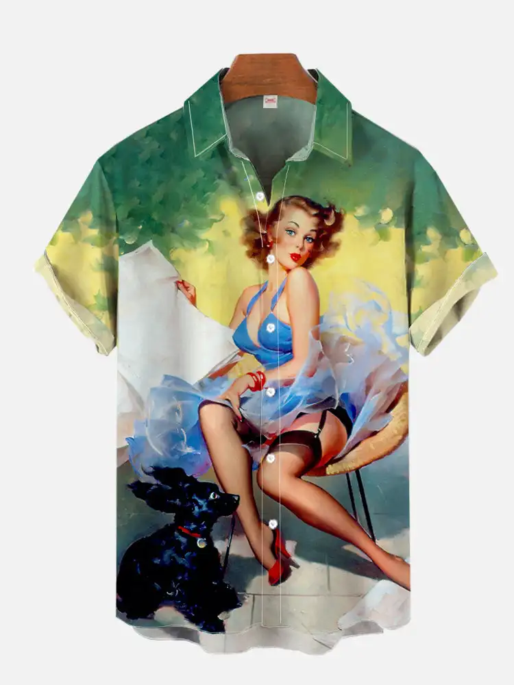 1970S-1980S Винтаж Pin Up Girl Плакат Гавайский Пляж Пастушка Печати Рубашка С Коротким Рукавом Модная Гавайская Рубашка Для Мужчин Hrajuku (art.: 3920d0b94dba6) - 3920d0b94dba6