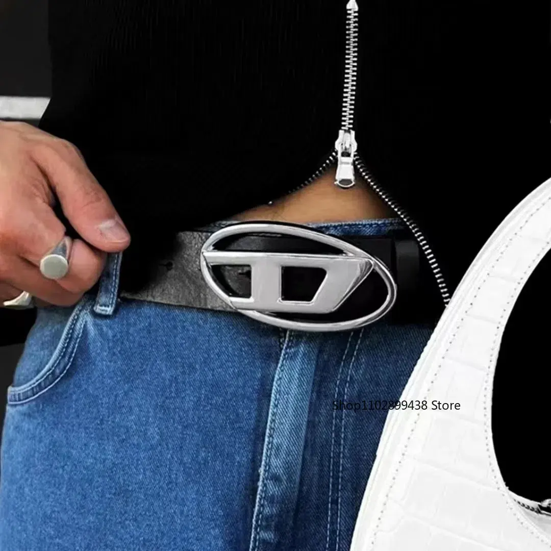 

Diesel High Quality Men and Women Genuine Leather waistband Black Oval Metal Snap Buckle Decorative Belt jean waistband