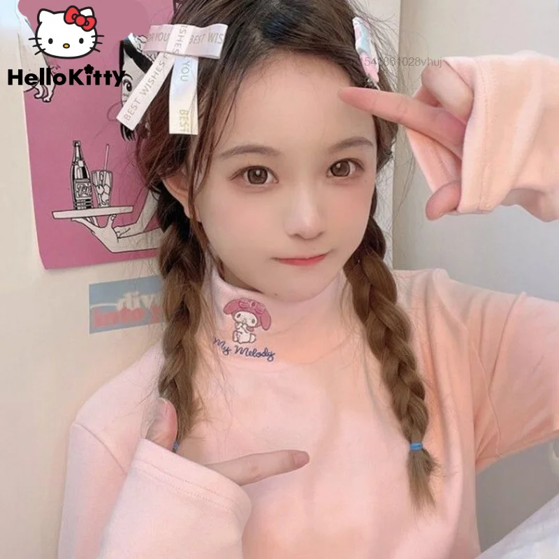 Sanrio My Melody Kuromi High Collar Hoodie Y2k Kawaii Cinnamoroll Embroidery Long Sleeve Tee Shirt Women Warm Underwear Female