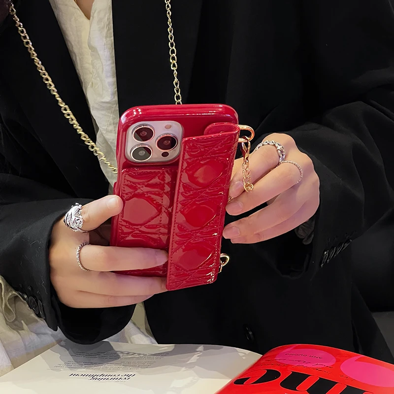 

Metal Chain Crossbody Phone Case for IPhone 11 12 13 Pro Max Patent Leather Card Holder for IPhone 13 12 11 Crossbody Phone Case