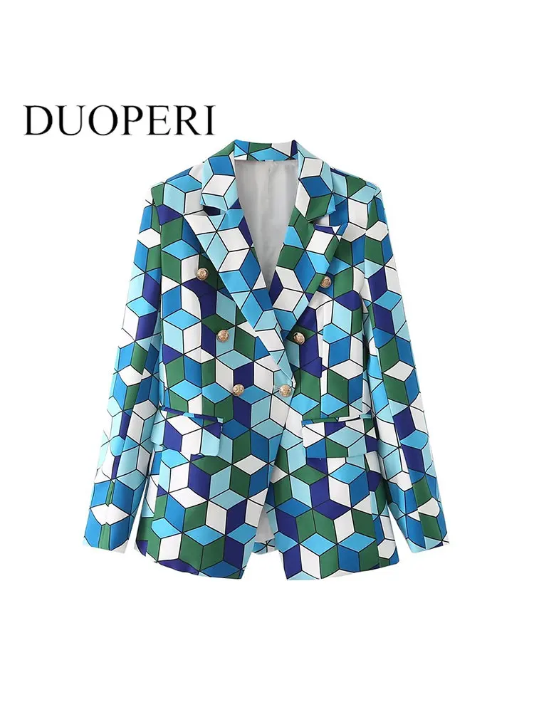

Женский модный Блейзер DUOPERI с геометрическим рисунком и карманами, винтажный двубортный пиджак с отложным воротником и длинным рукавом, женские шикарные пальто