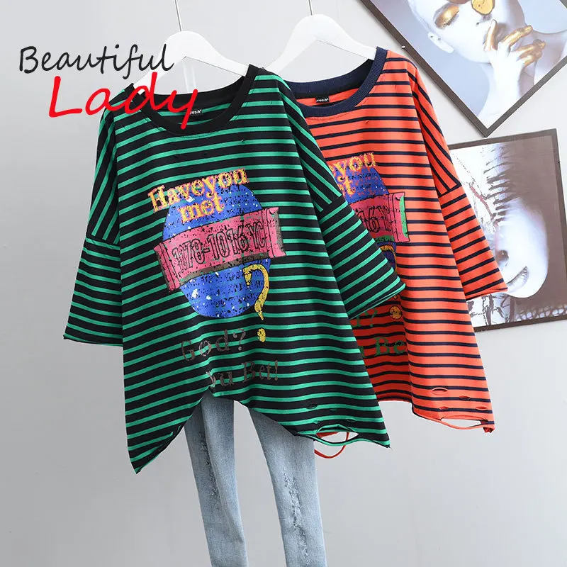 

T Shirt Women 2022 Fashion Short Sleeve Tops Woman Large Size Loose Tshirts for Women Striped and Ripped Tees
