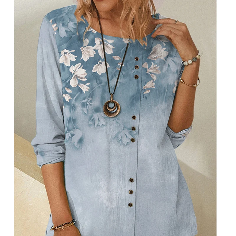 

Autumn Blouse Women O Neck Long Sleeve Tunic Tops Retro Loose Work Pullover Shirt Female Print Blusas Oversize Chemise Mujer