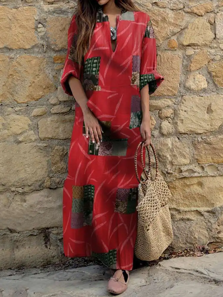 

VONDA винтажное женское праздничное свободное Макси-платье 2022 длинное богемное женское повседневное пляжное платье с принтом летний сарафан