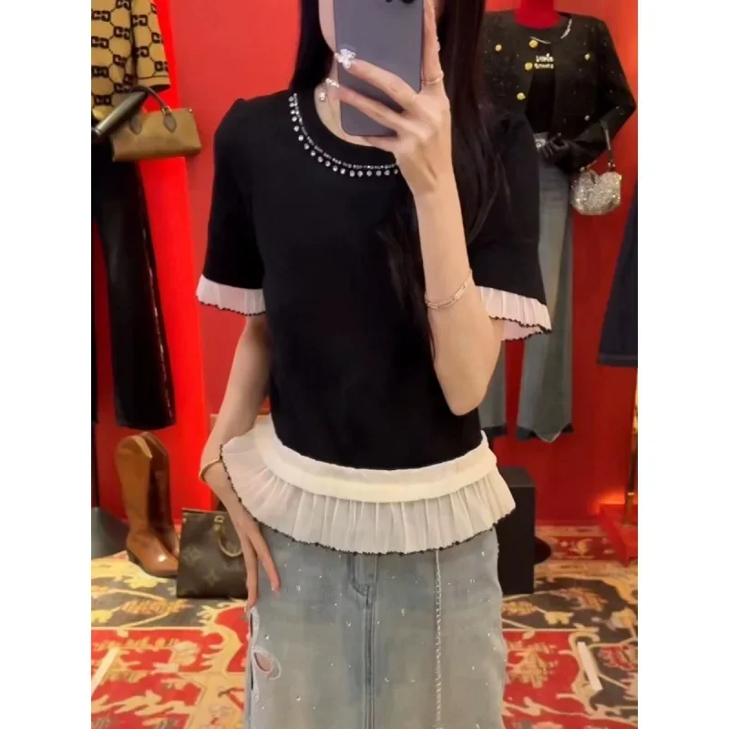 Модная футболка с сетчатыми вставками и коротким рукавом женская летняя Новинка