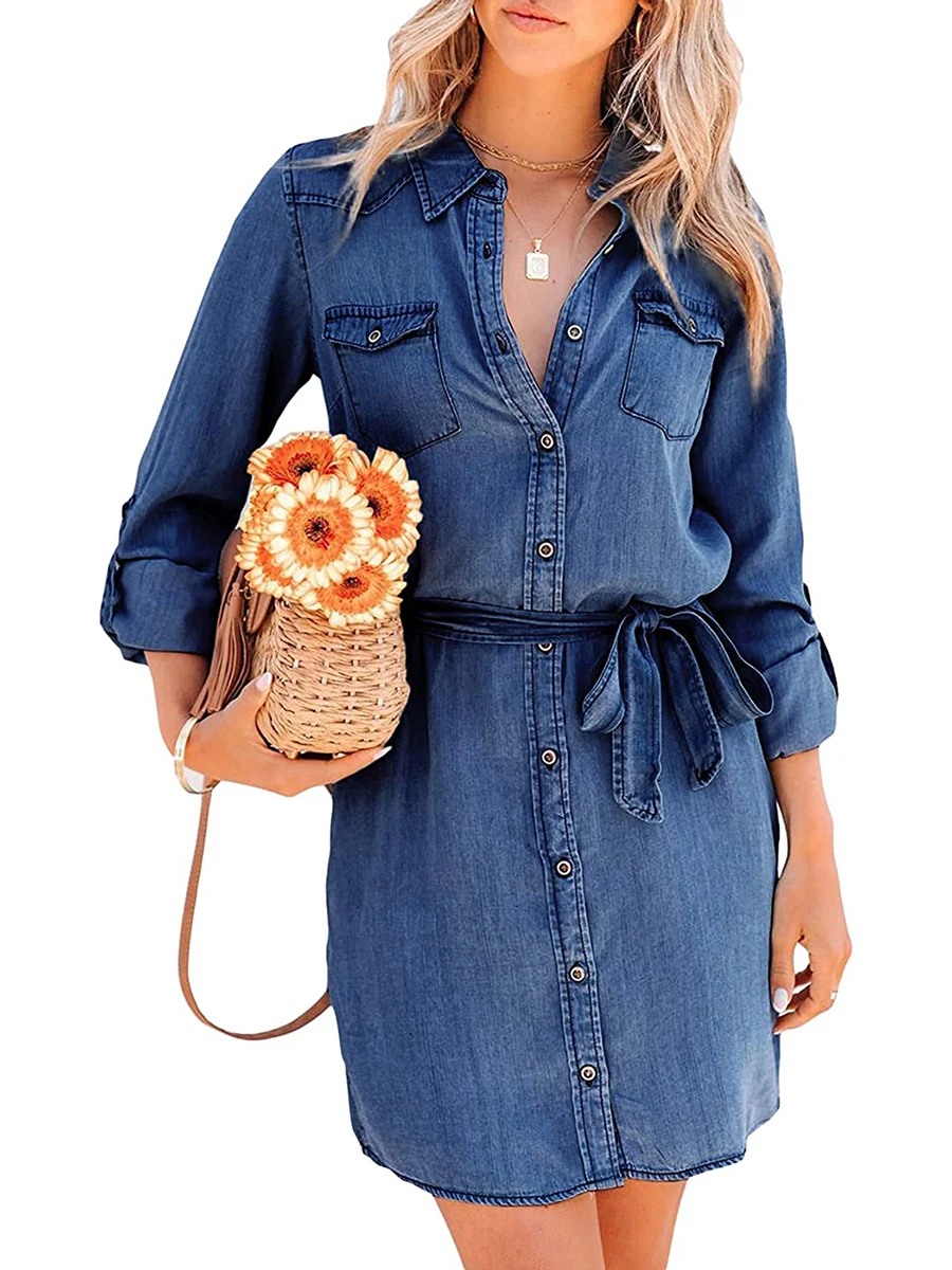 

Women Long Sleeve Denim Shirt Dresses Lapel Button Down Short Dress with Belt Casual Streetwear