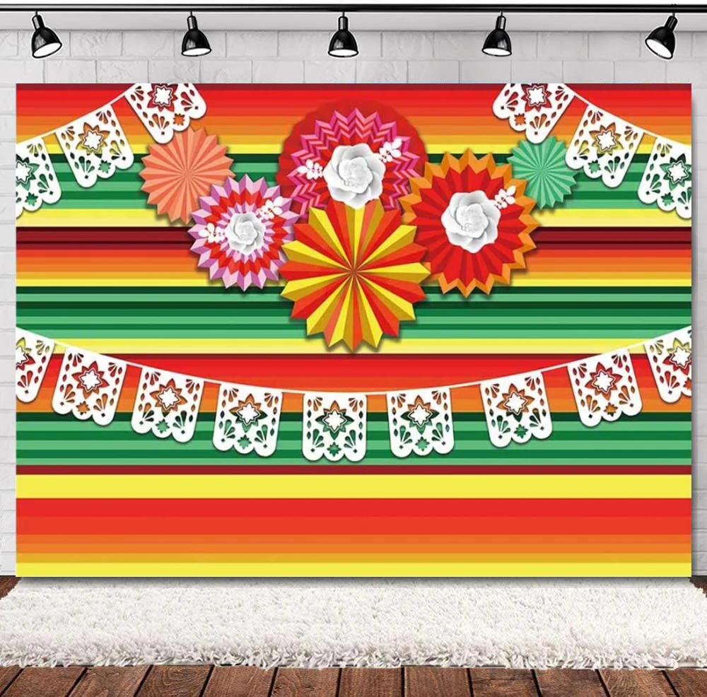 

Colorful Fiesta Theme Party Stripes Backdrop Cinco De Mayo Mexican Festival Photography Background Flags Flowers Paper Fans