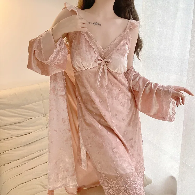 Сексуальное кружевное кимоно халат одежда для сна розовый бархат пижамный
