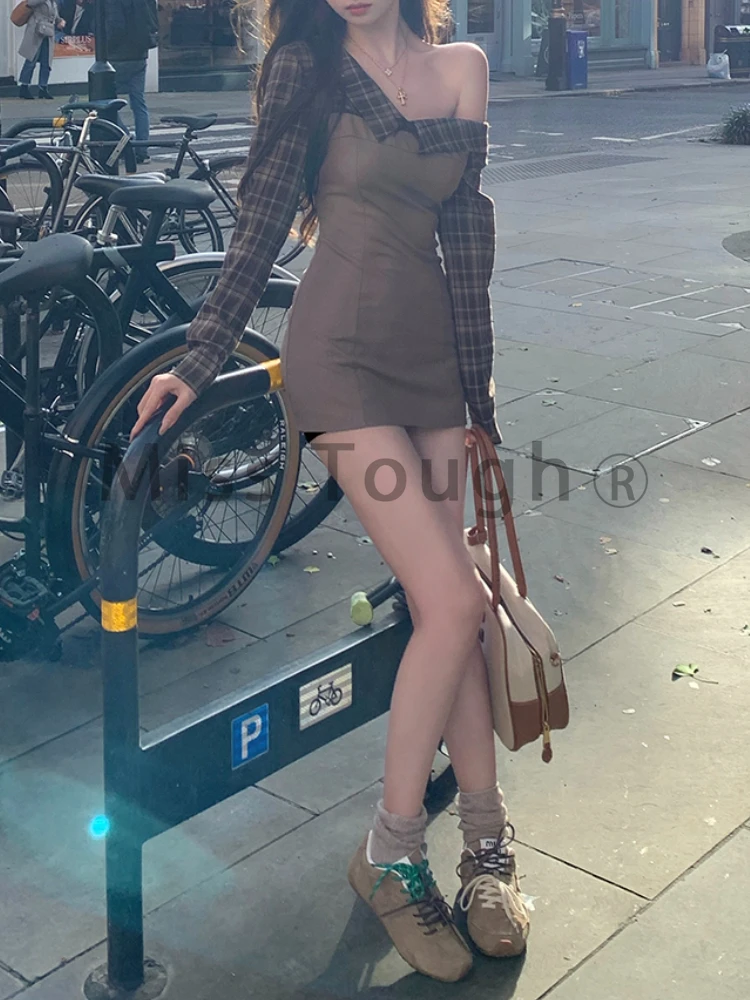 Осеннее сексуальное стильное лоскутное платье из двух частей новая повседневная