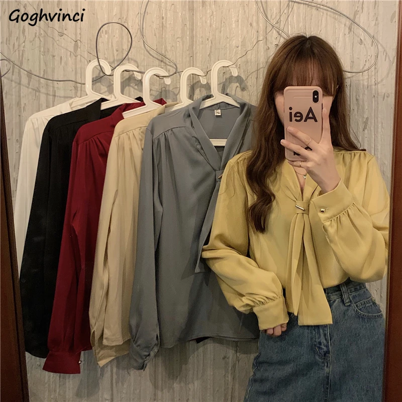 

6 Colors Blouses Women V-neck Design Elegant OL Tender Spring New Design Young Stylish Ulzzang Females Casual Блузки Retro Chic
