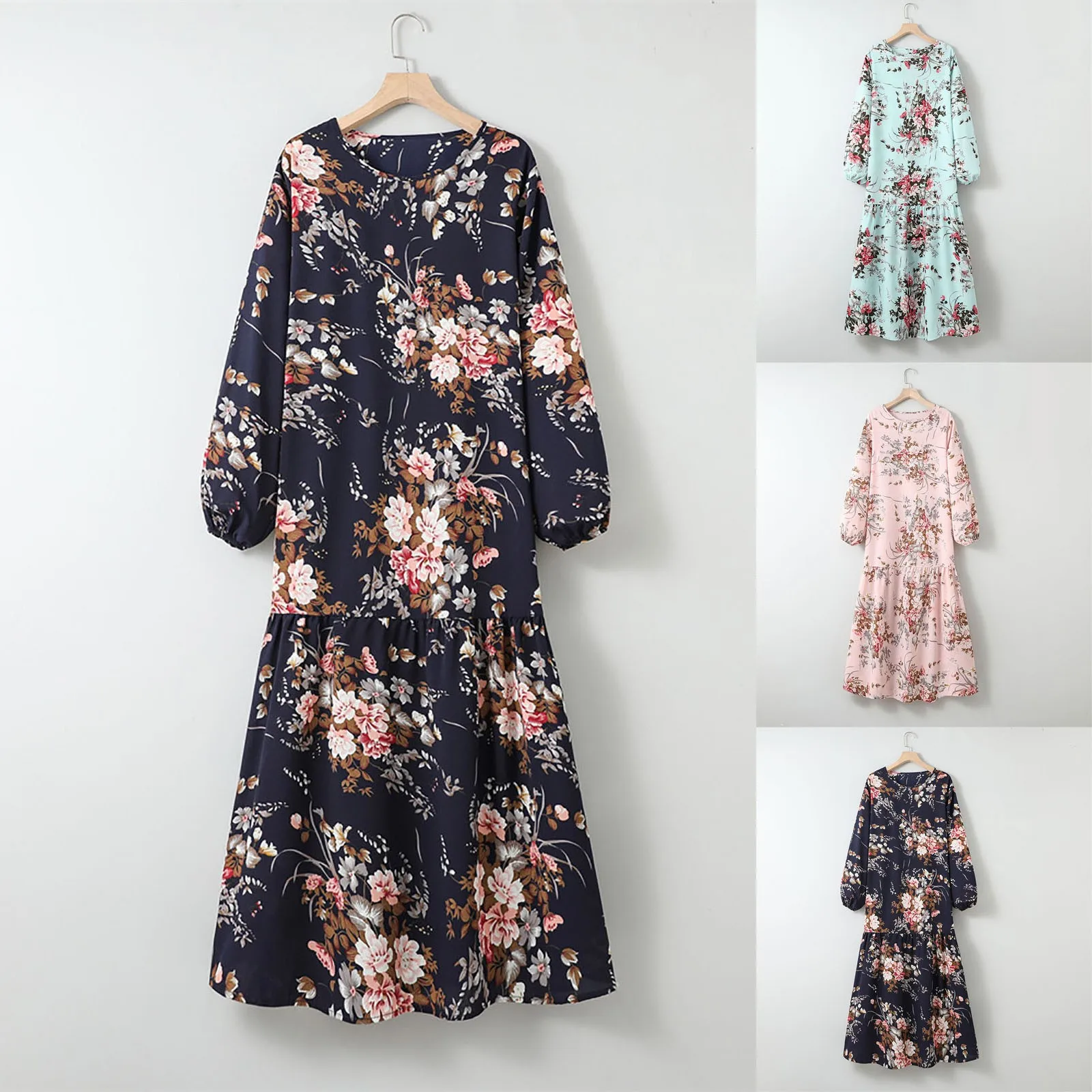 

Женское платье с круглым вырезом, длинным рукавом и воланом