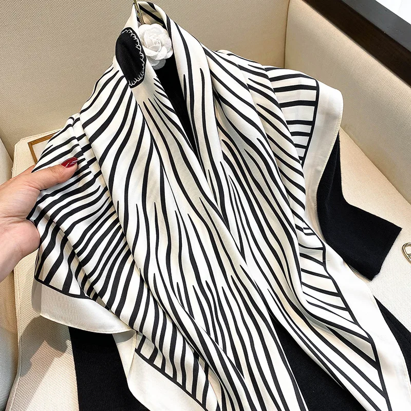 

90X90CM Kerchief 2022 Europe And America Popular Bandannas Four Seasons Square Silk Scarves Luxury Print Sunscreen Stripe Shawls