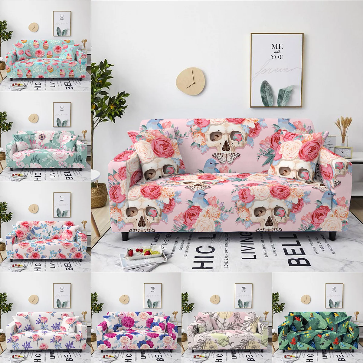 

Эластичный чехол для дивана с розовой тематикой, чехол для гостиной против грязного кашля, с принтом черепа, цветов, полноразмерный защитны...