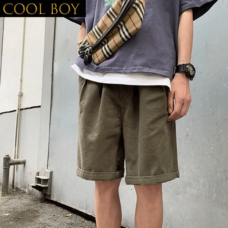 

E BOY Men Summer BF All-match Teens Preppy Style Fashion Handsome Streetwear Simply Pure Color Baggy Male Trouser Leisure Ins