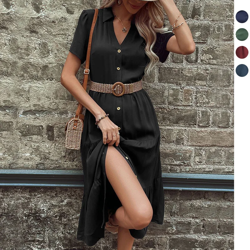 

2023 New Summer European and American Style Fashion Commuter Women's Style Mid length Hepburn French Solid Short Sleeve Dress