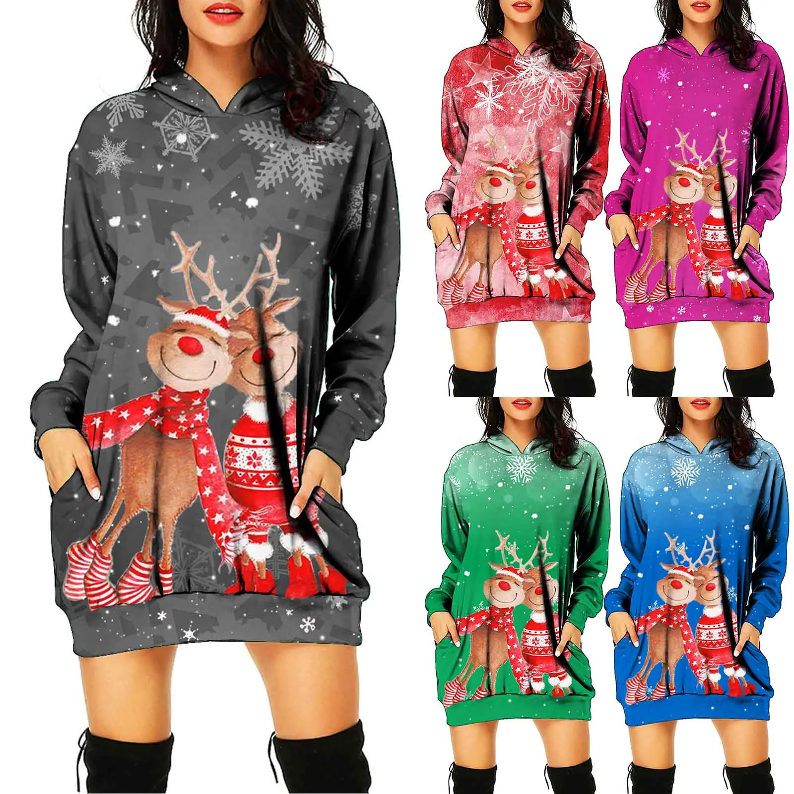 

Womens Long Sleeve Hooded Sweater Dress Christmas Print Casual Pocket Loose Dress Day Dress