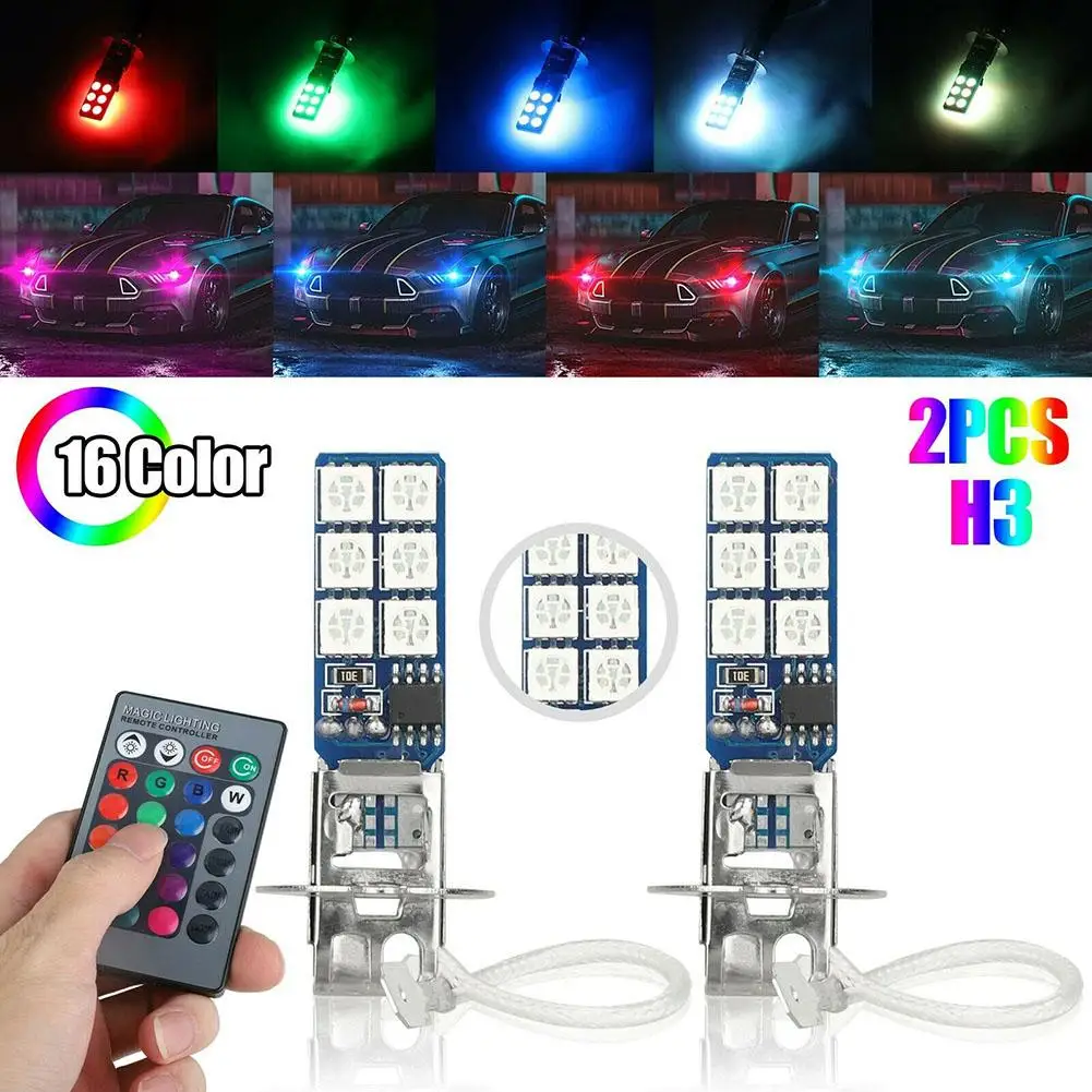 

1 Pair Car Led Lights H1 H3 880 881 5050 12smd Rgb Colorful Driving Fog Lamp Headlights With Remote Control 4 Lighting Modes