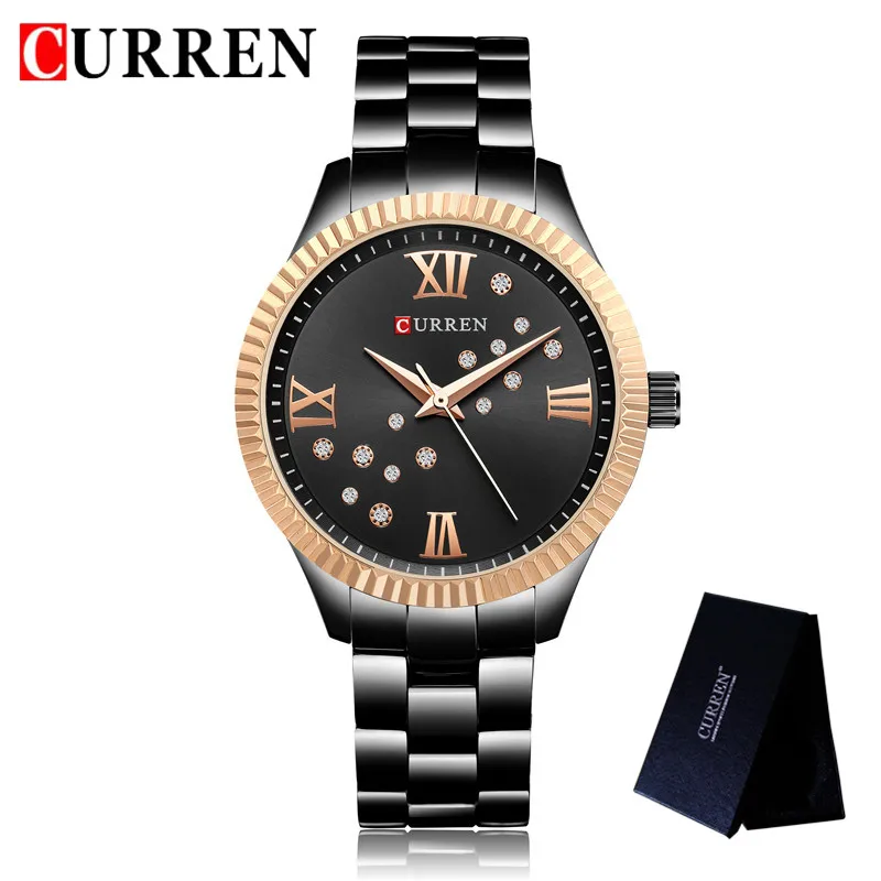 Часы CURREN женские наручные с браслетом из нержавеющей стали черные 9009