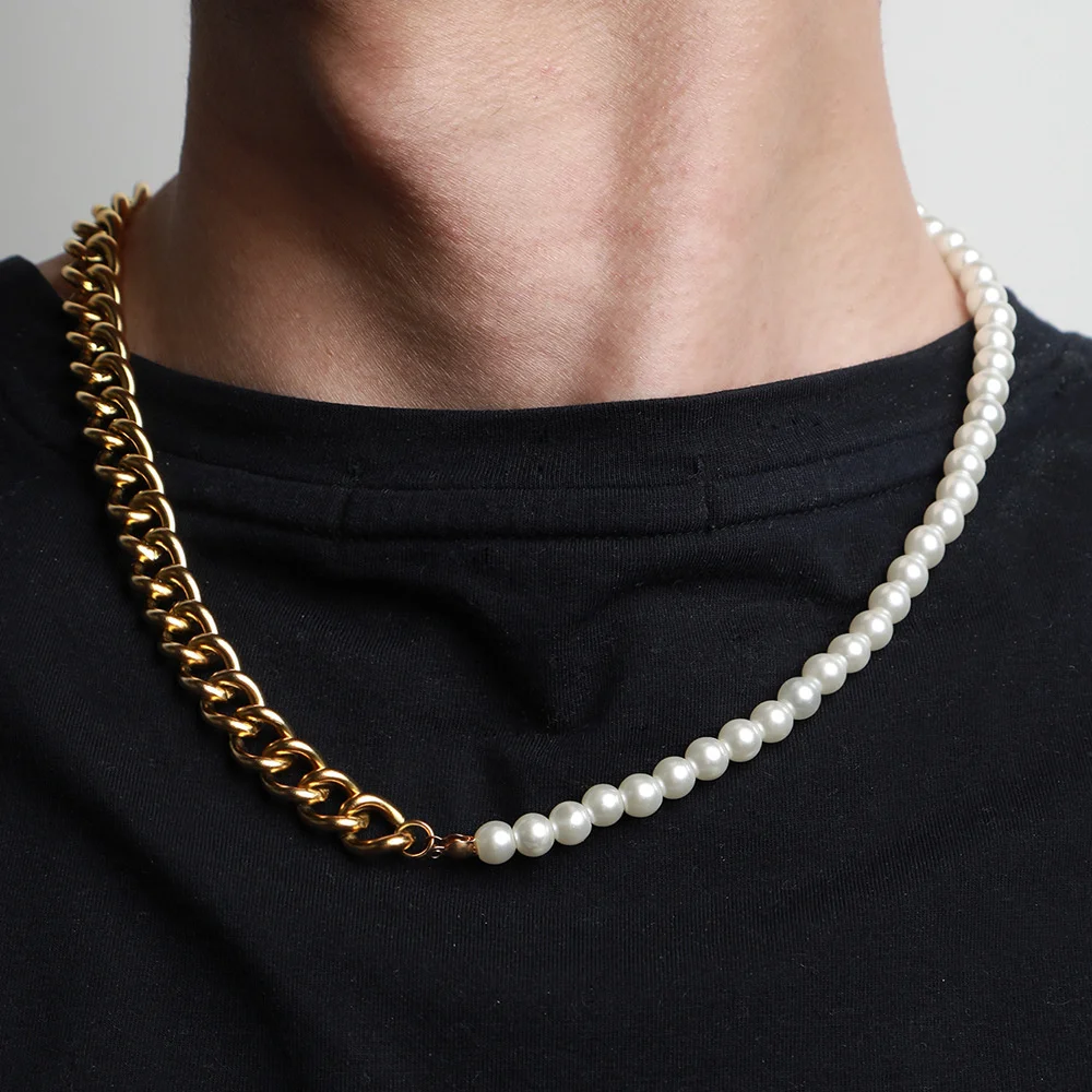 

Hot Trendy Beads Chain Men Necklace Imitation Pearl Bead Fashion Stainless Steel Handmade Chain Necklace For Men Jewelry Gift