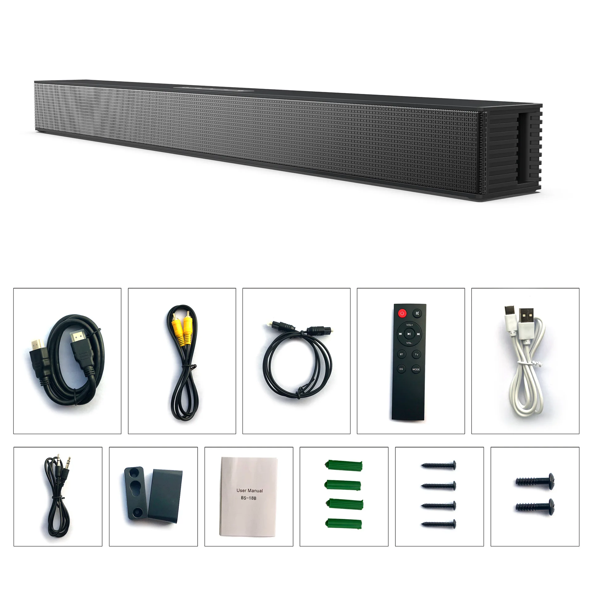 BS-18B Bluetooth Wireless Soundbar Speaker Indoor  Integrated Wall-mounted Line In AUX U-Disk RCA Optical Fiber Input FM Radio