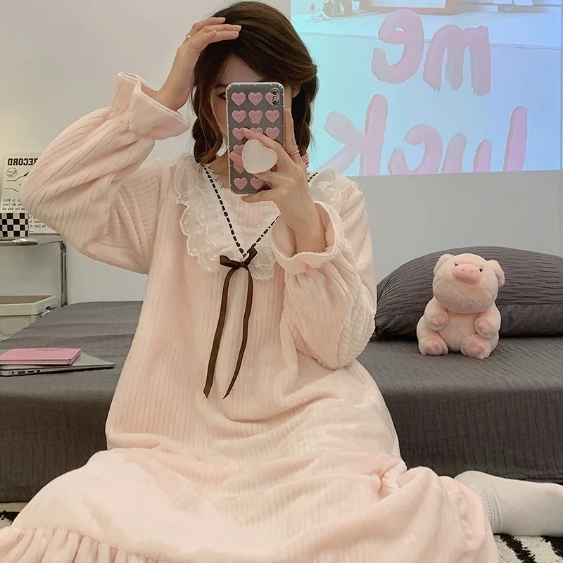 Зимние плотные теплые фланелевые ночные рубашки с длинным рукавом для женщин