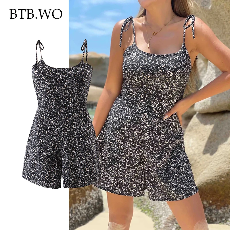 

BTB.WO Women Fashion Floral Print Jumpsuits Traf Vintage Backless Thin Straps Side Zipper Female Playsuits Mujer