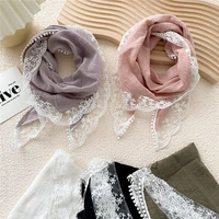 2022 new lace edge cotton linen scarf women small head neck scarfs triangular hijab ladies lace foulard female bandana shawls